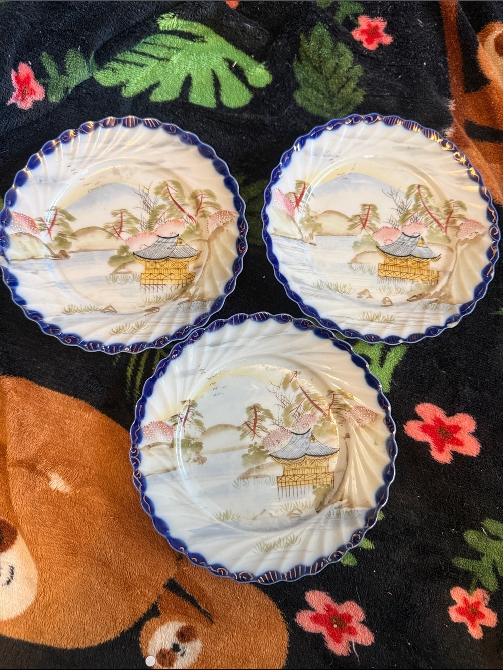 Blue-Trim Porcelain Scenic Dessert Plates - Set of 3 Japanese designs